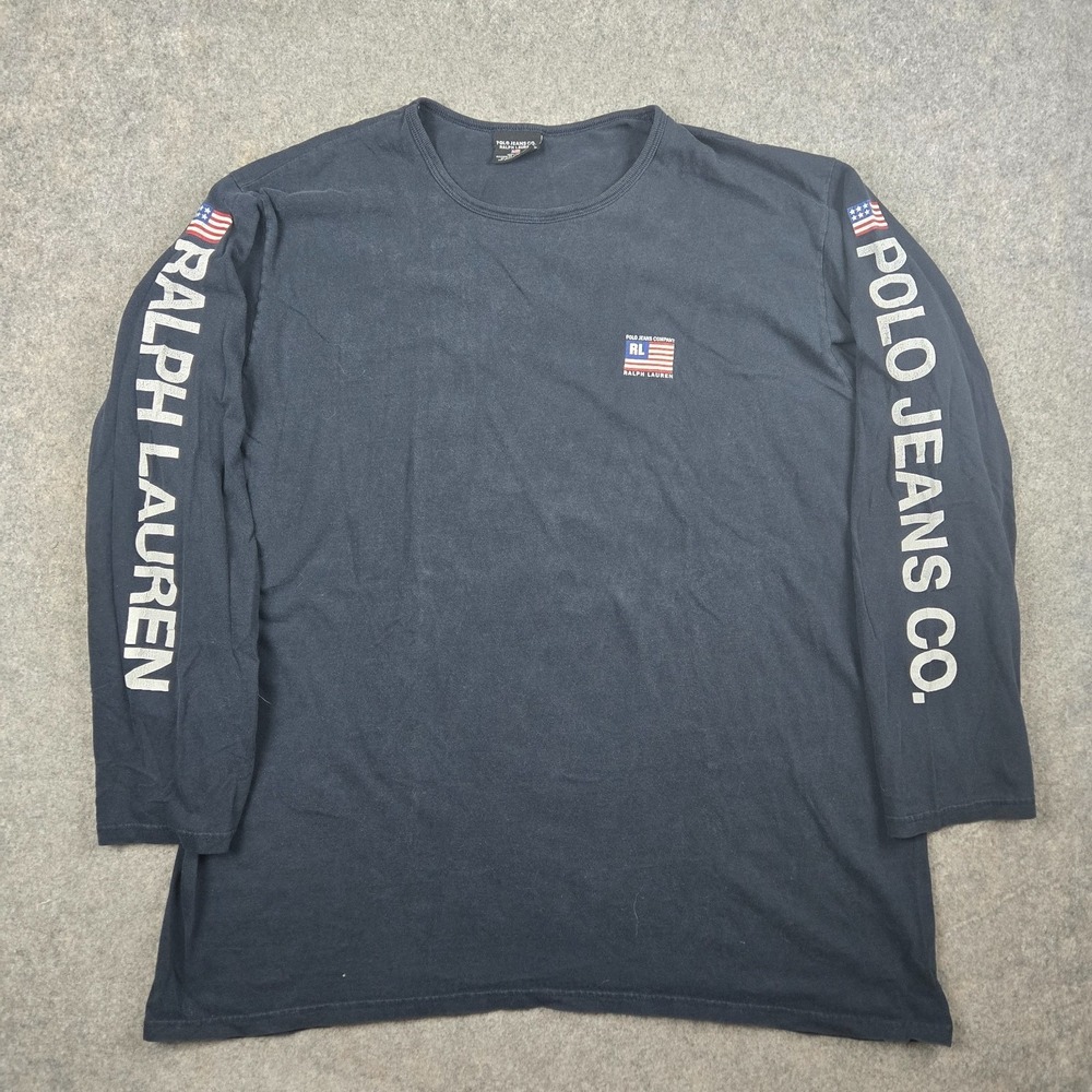 VTG‎ Y2K Polo Ralph Lauren T-Shirt Mens XL Blue Long Sleeve Spellout Flag Skater